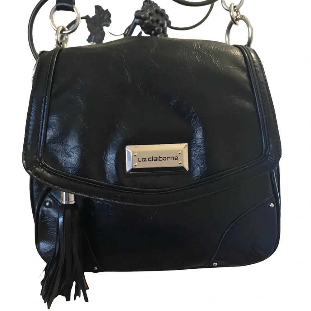 Liz Claiborne Black Faux Leather Purse with Gold Hardware